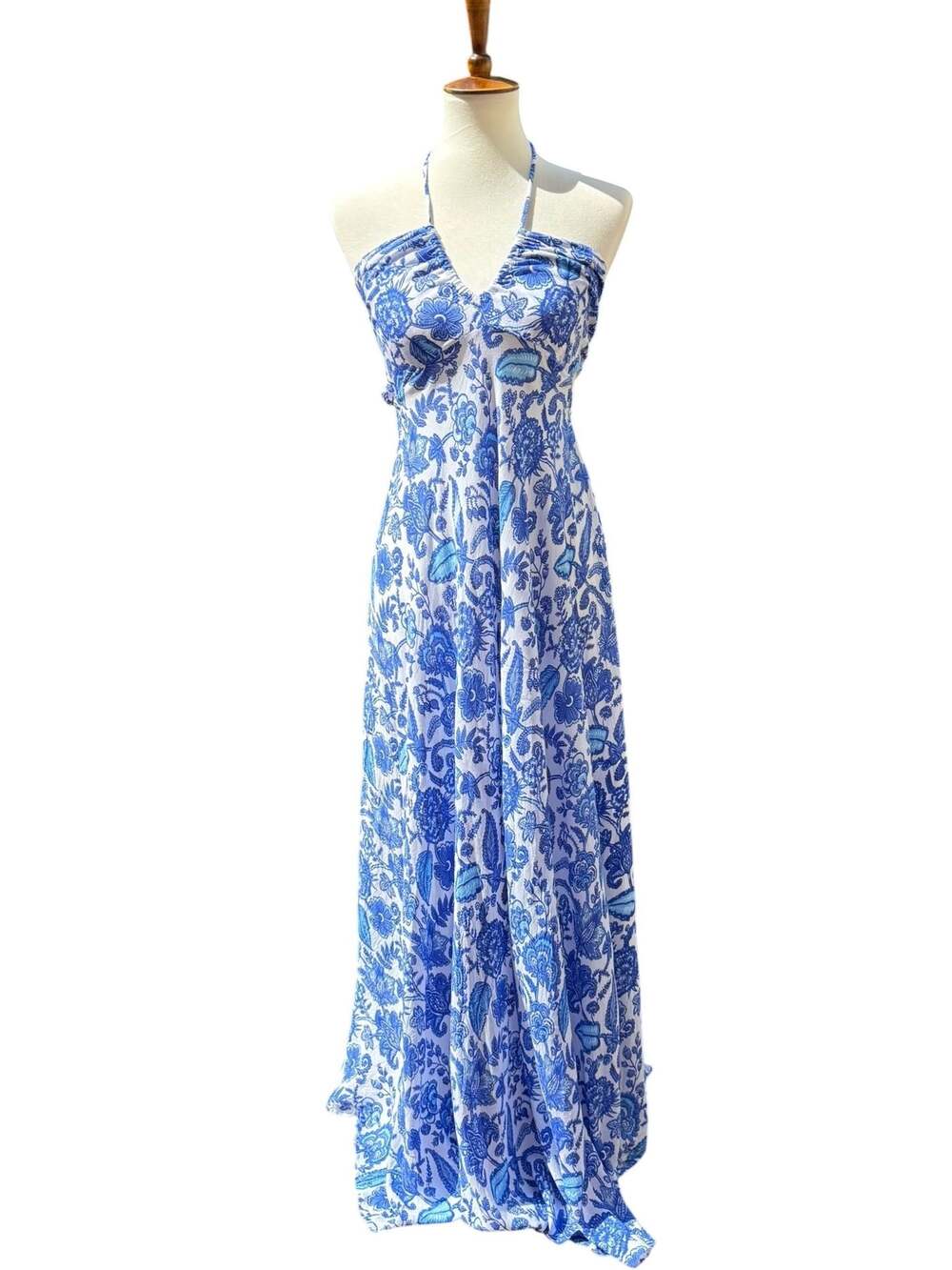 Voila Mykonos Long Blue and White Floral Print Maxi Halter Dress